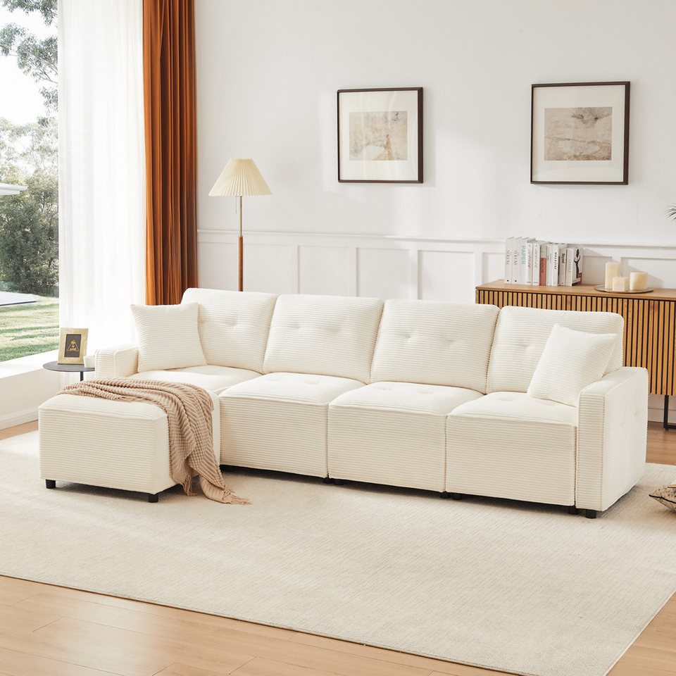 Beiges Cord Ecksofa 280 cm mit Stauraum und Hocker