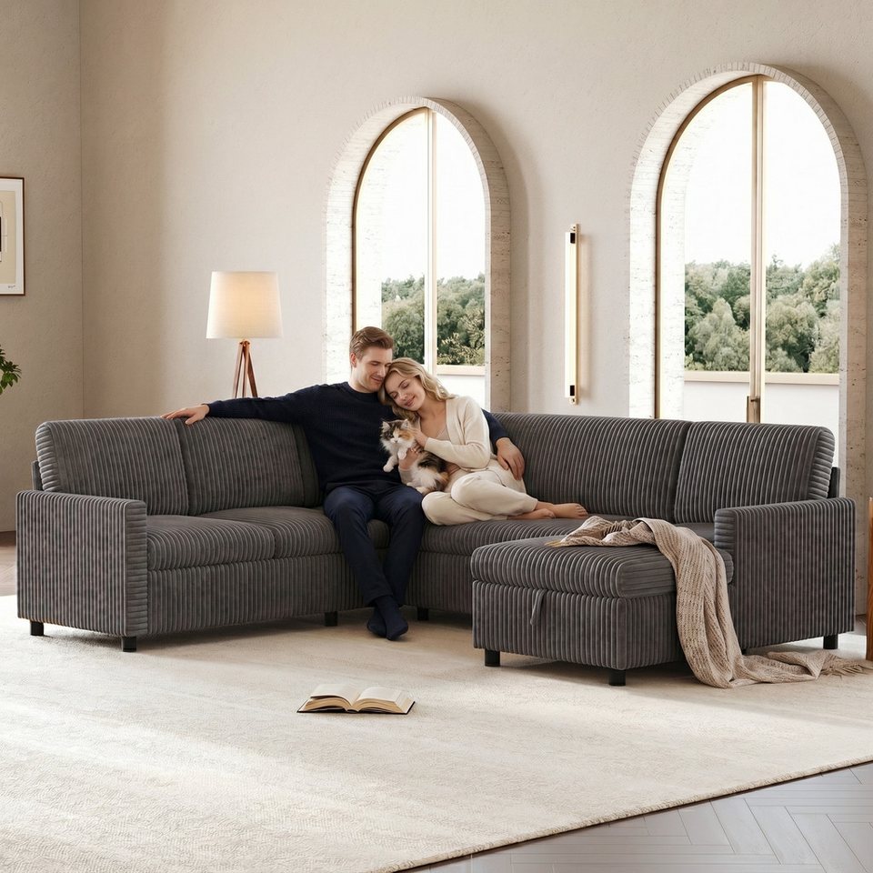 Graue Cord Wohnlandschaft 274 cm in U-Form mit Chaiselongue