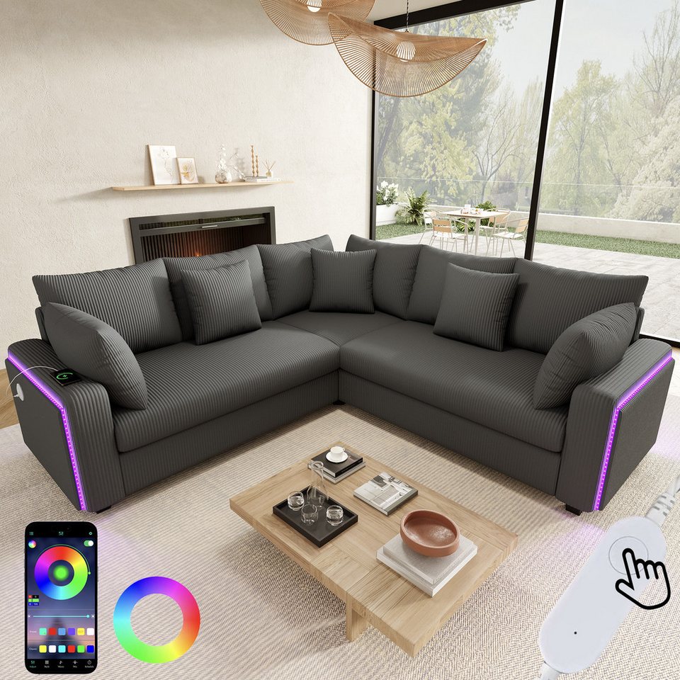 Graues Cord Ecksofa mit LED-Beleuchtung und USB-Anschluss