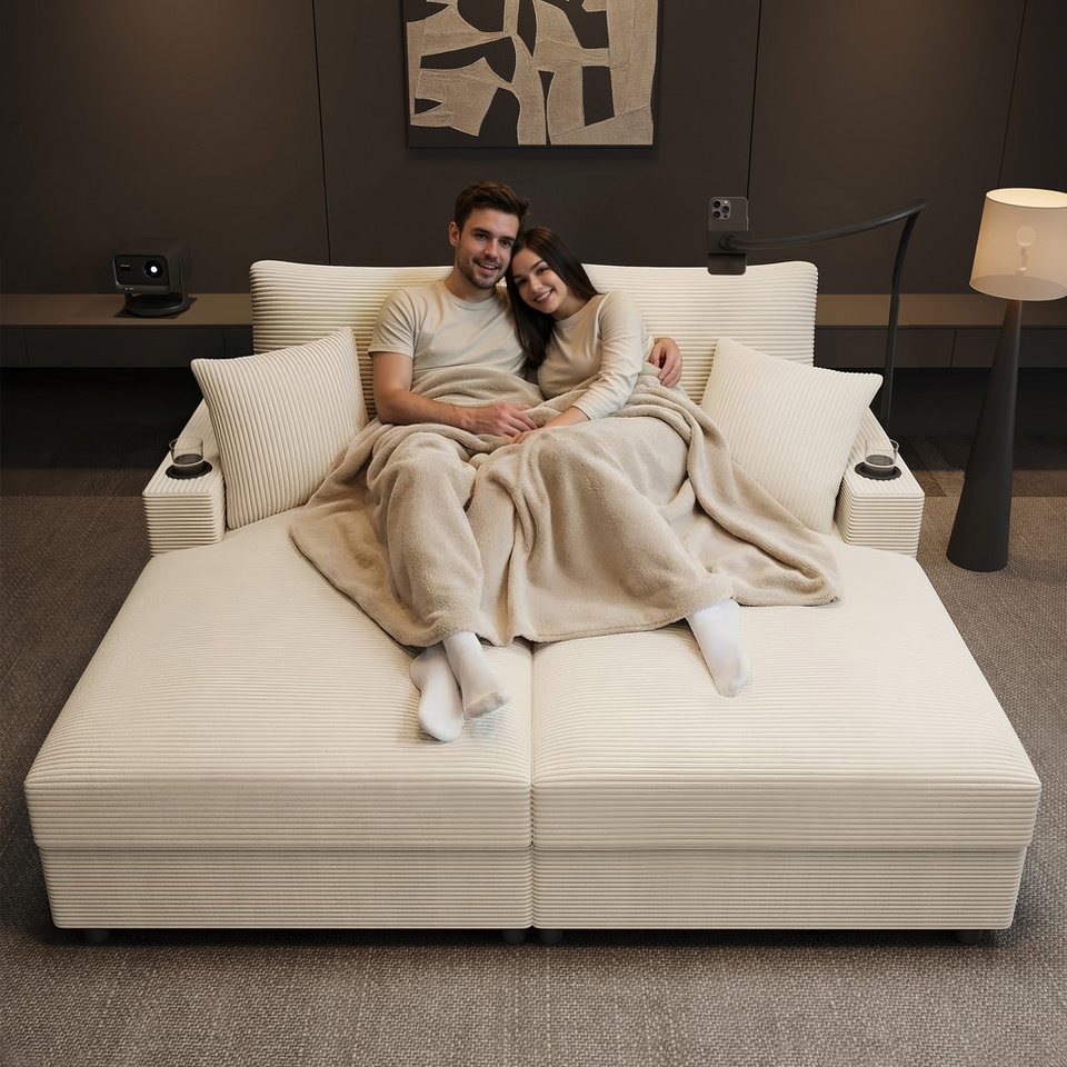 Cord Schlafsofa 163 cm in Beige mit Schlaffunktion und USB-Anschluss