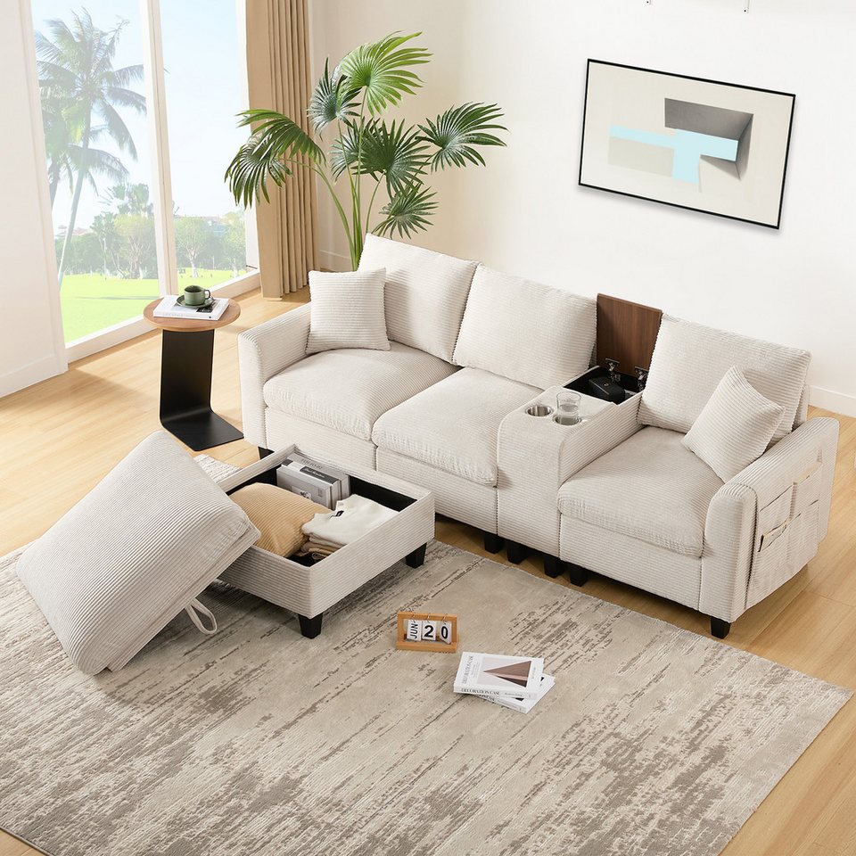 Beiges Cord Ecksofa in L-Form mit Stauraumhocker und Konsole