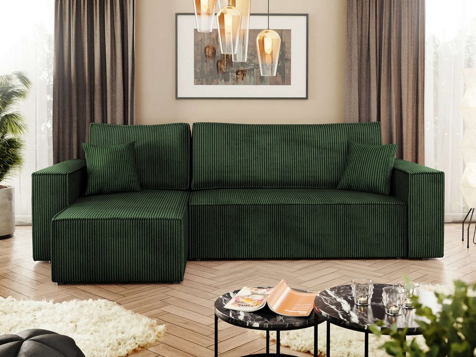 Cord Ecksofa KARL 244 cm im Farbton Poso 14 mit universeller Ottomane