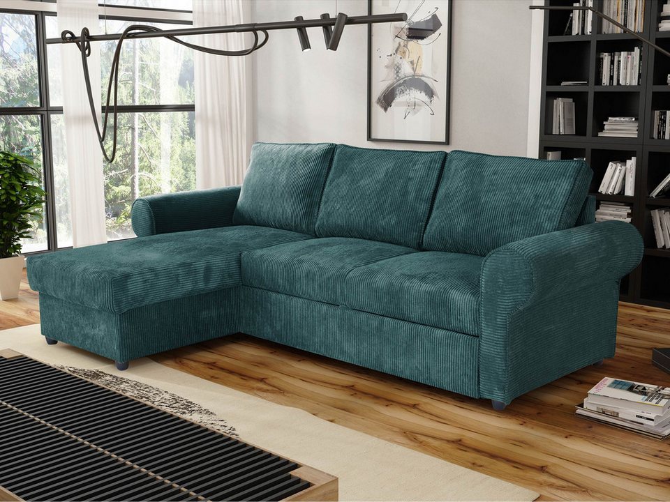 Cord Ecksofa MONACO mit beweglichen Rueckenkissen und Bettkasten