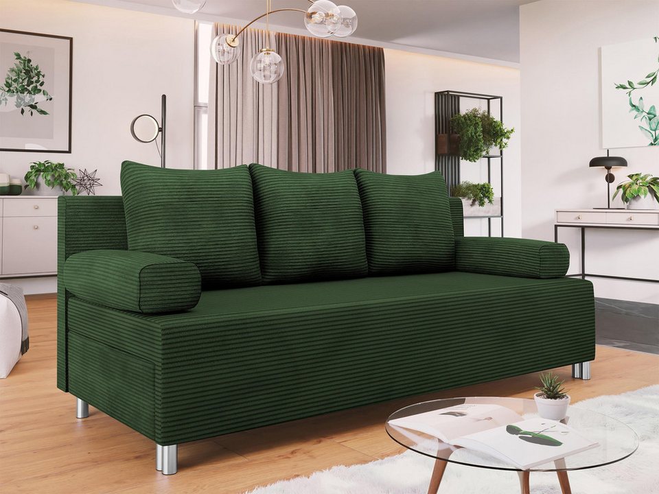 Cord Schlafsofa DOVER 192 cm in Dunkelgrün mit Bettkasten
