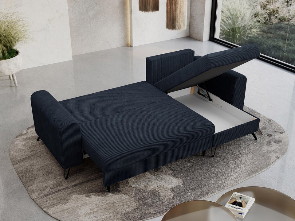 Cord Ecksofa HUGO 242 cm in Dunkelblau schwarze Metallbeine