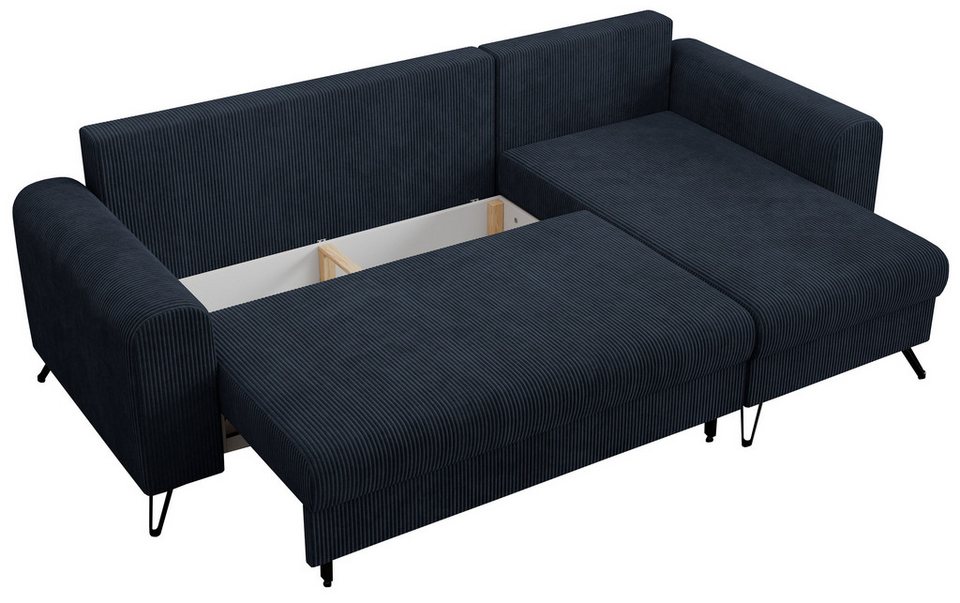Cord Ecksofa HUGO 242 cm in Dunkelblau Gesamtansicht von schräg oben