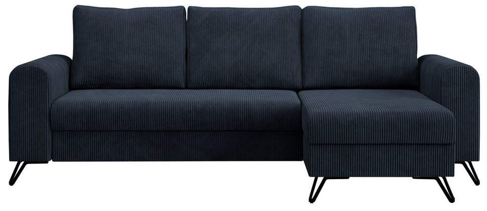 Cord Ecksofa HUGO 242 cm in Dunkelblau lose Rückenkissen