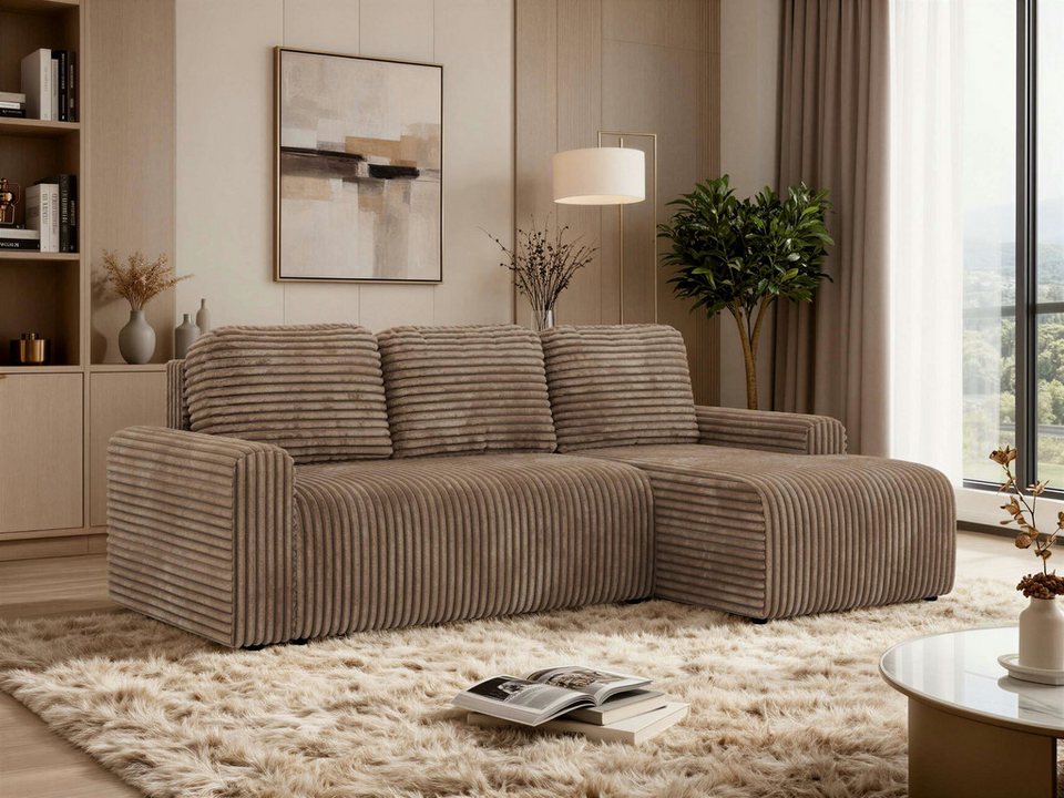 Cord Ecksofa NESSARO L in Braun mit Ottomane rechts