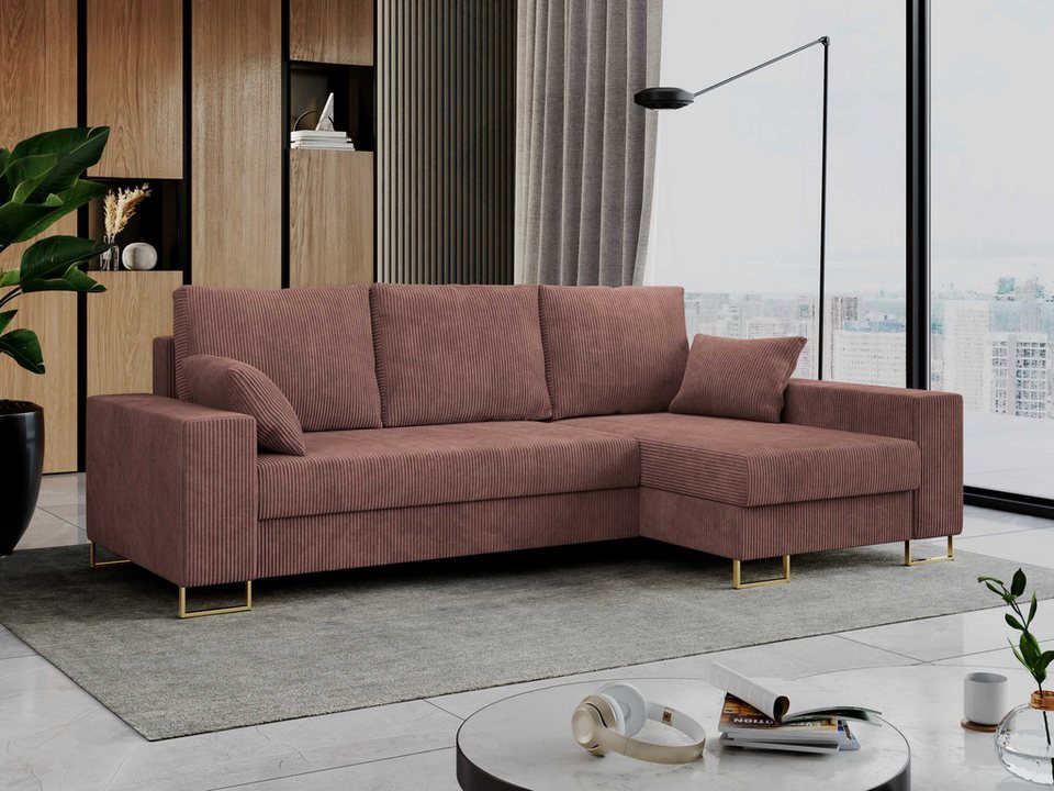 Cord Ecksofa DORIAN in Dunkelrosa mit goldenen Metallbeinen