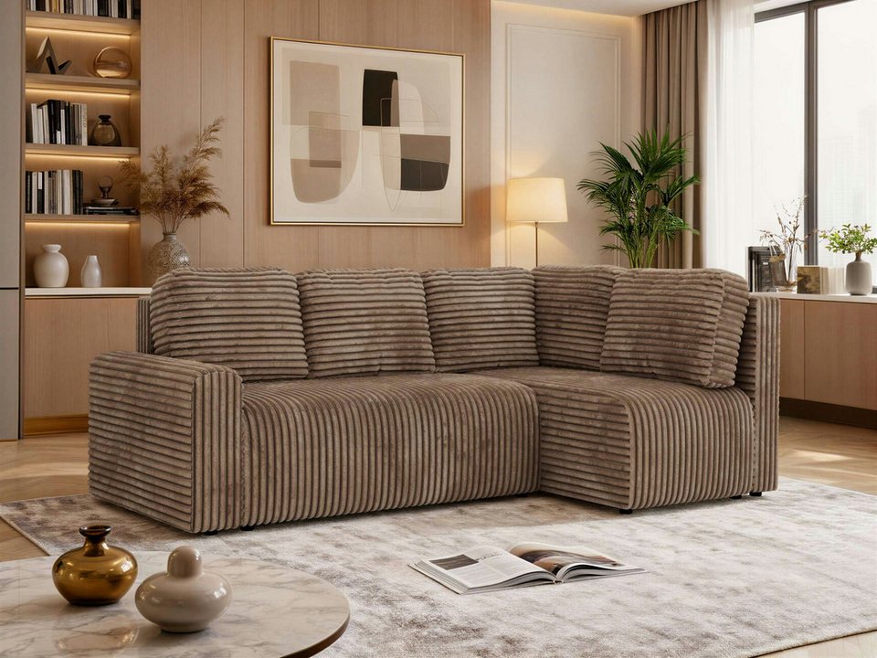 Cord Ecksofa NESSARO in Braun mit Ottomane und Bettkasten