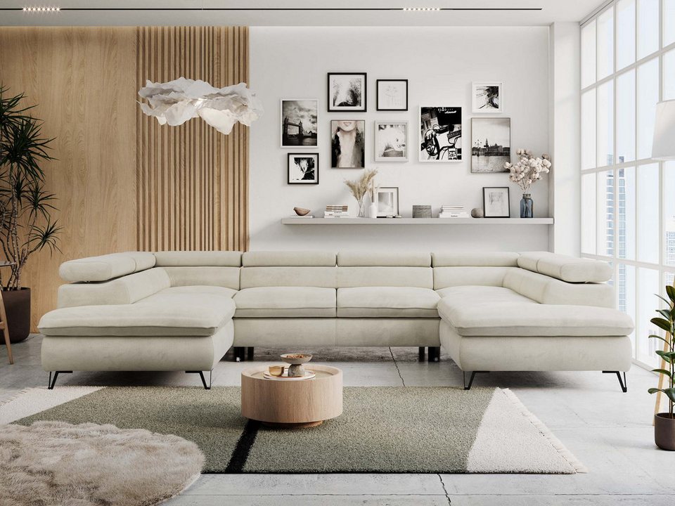Cord Wohnlandschaft PETER U in U-Form in Beige mit Schlaffunktion