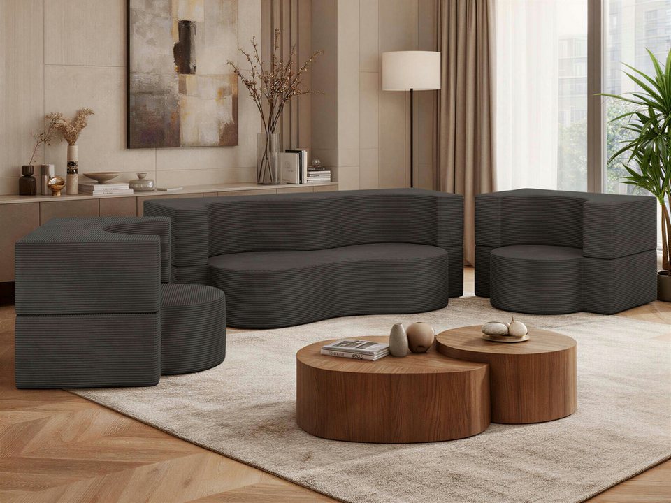 Cord Sofa Set SANOA in Dunkelgrau mit zwei Sesseln