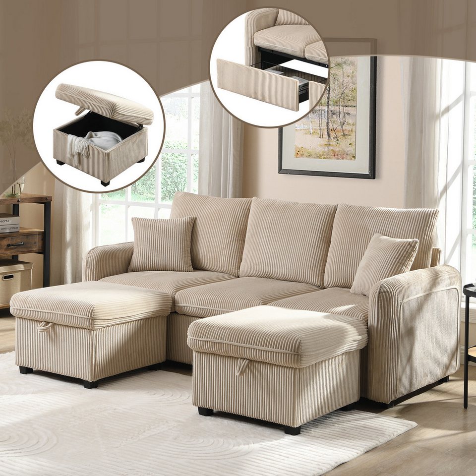 Beiges Cord Ecksofa mit Schubladen und Stauraumhockern