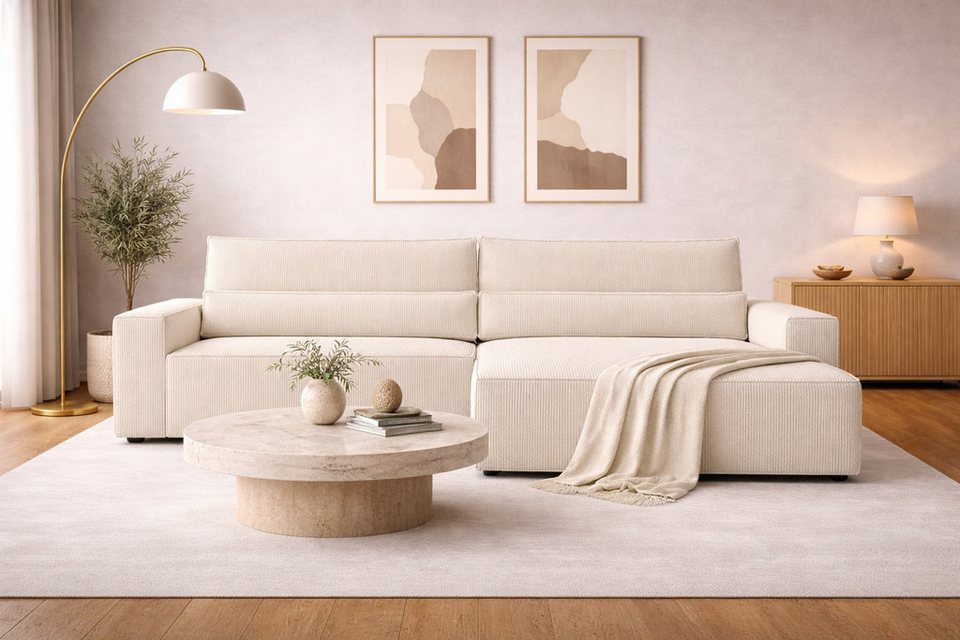 Cord Ecksofa DENVER L in Beige mit Schlaffunktion und Bettkasten