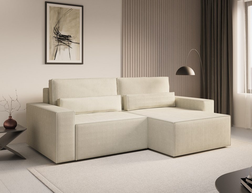 Cord Ecksofa DENVER MINI in Beige mit Ottomane und Schlaffunktion