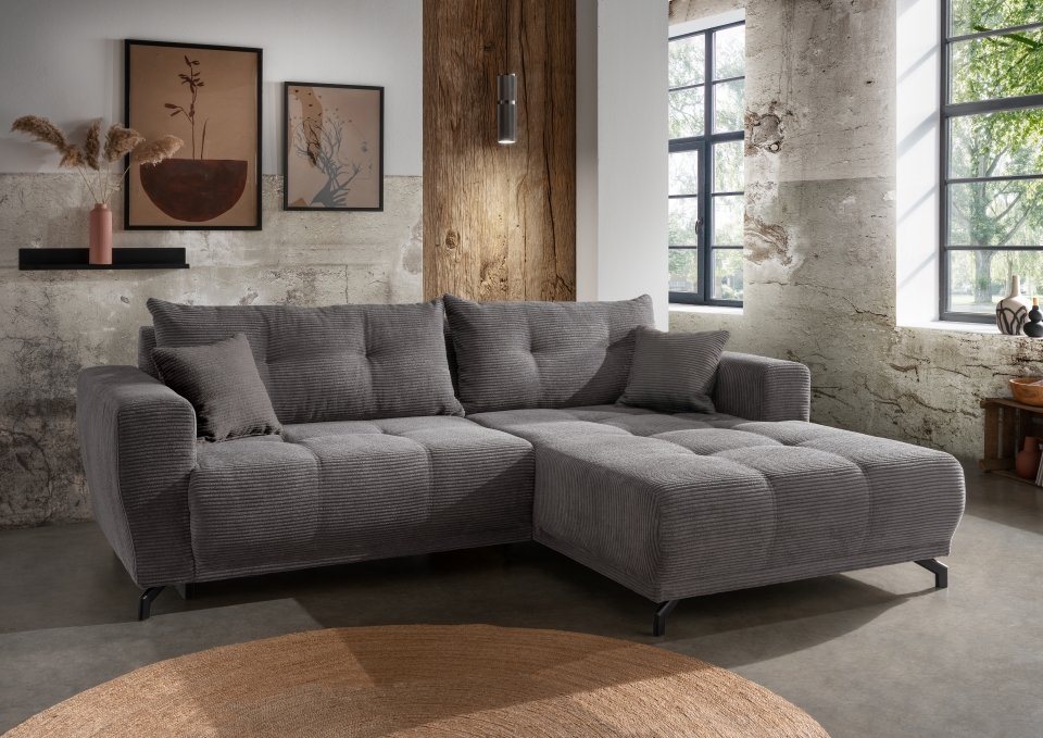 Graues Cord Ecksofa RENEGADE mit elektrischer Sitzverbreitung