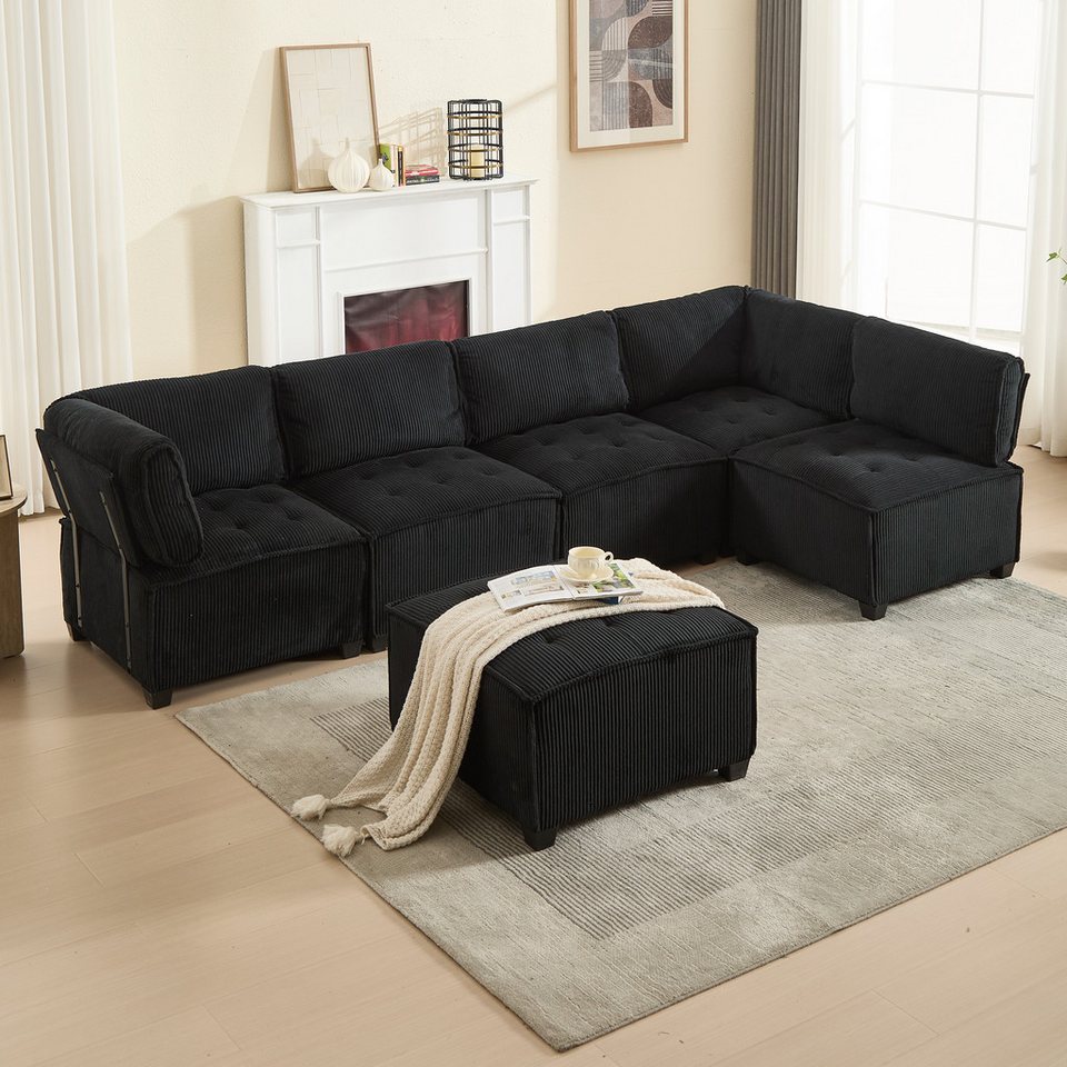 Cord Wohnlandschaft 308 cm in Schwarz in U-Form aufgestellt
