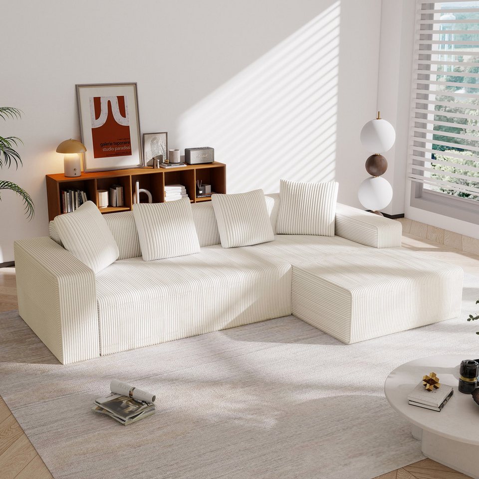 Modulares Cord Ecksofa in L-Form mit tiefer Sitzfläche in Weiß