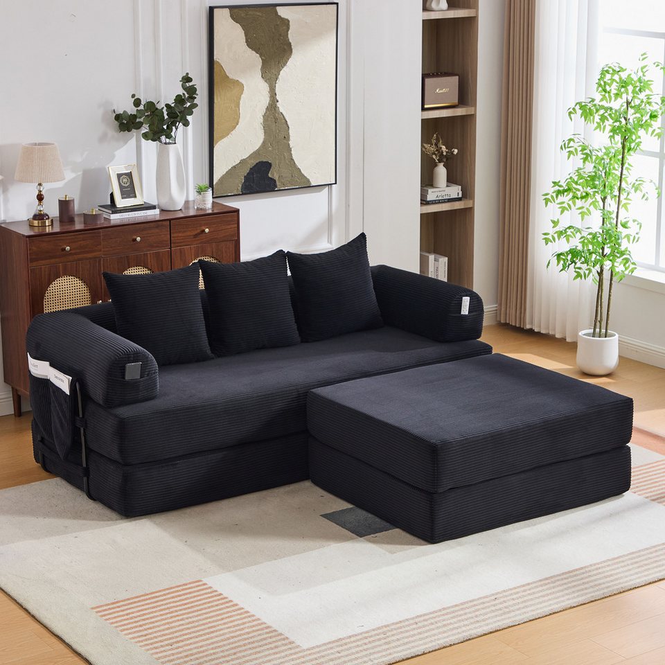 Modulares Cord Ecksofa in Schwarz mit Hocker und Seitentasche