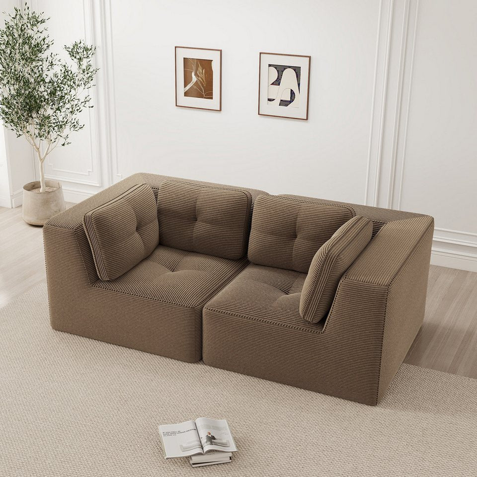 Modulares Cord Ecksofa in Braun mit Ottomane und tiefer Sitzfläche