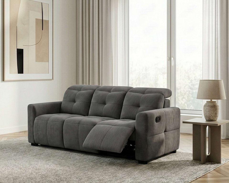 Cord Sofa CAARLA 224 cm in Anthrazit mit Relaxfunktion