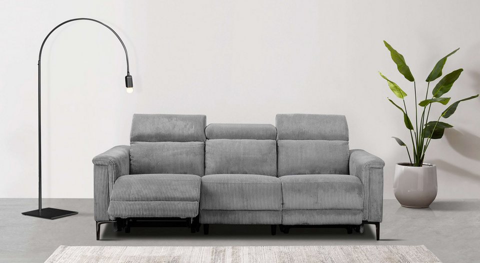 Cord Sofa LUND 3-Sitzer 222 cm in Grau mit Relaxfunktion