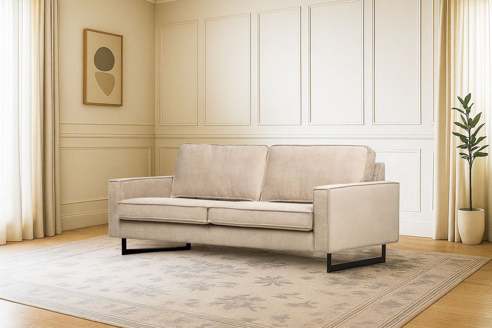 Cord Sofa PINTO in Hellgrau mit Keder und schwarzen Metallfüßen