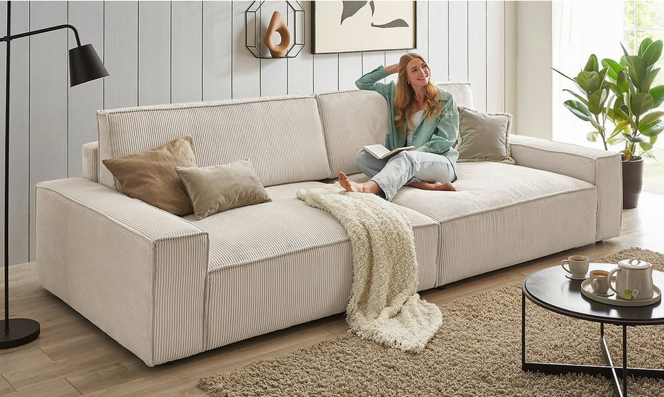 Big Sofa Cord SHERWOOD XXL in Hellbeige mit extra tiefer Sitzfläche