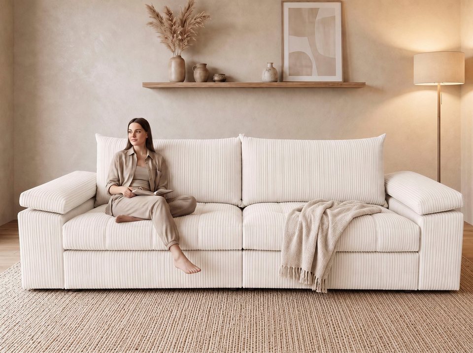 Big Sofa aus Cord in Creme mit edler Sitzsteppung