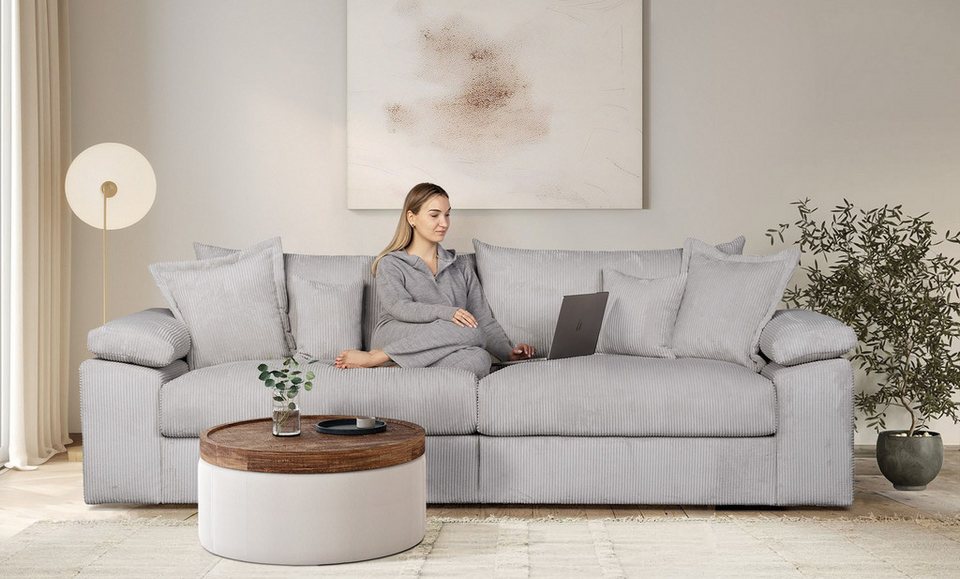 Big Sofa aus Cord 246 cm in Grau mit Zierkissen