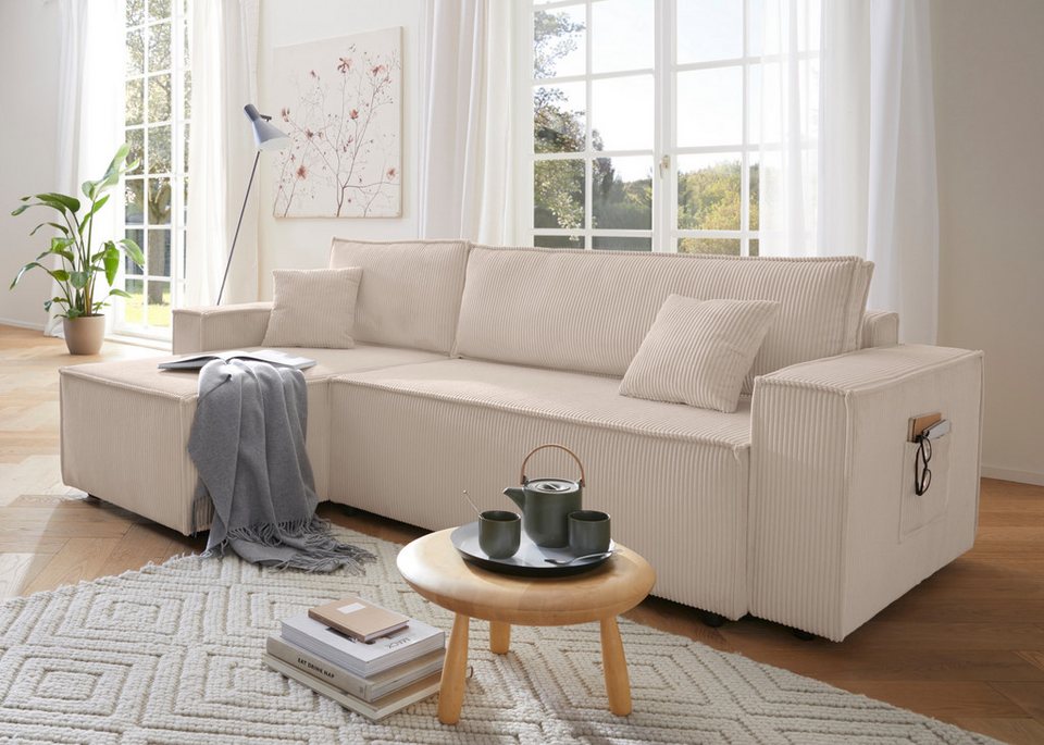 Cord Ecksofa CASSI in Creme mit Recamiere und Bettkasten