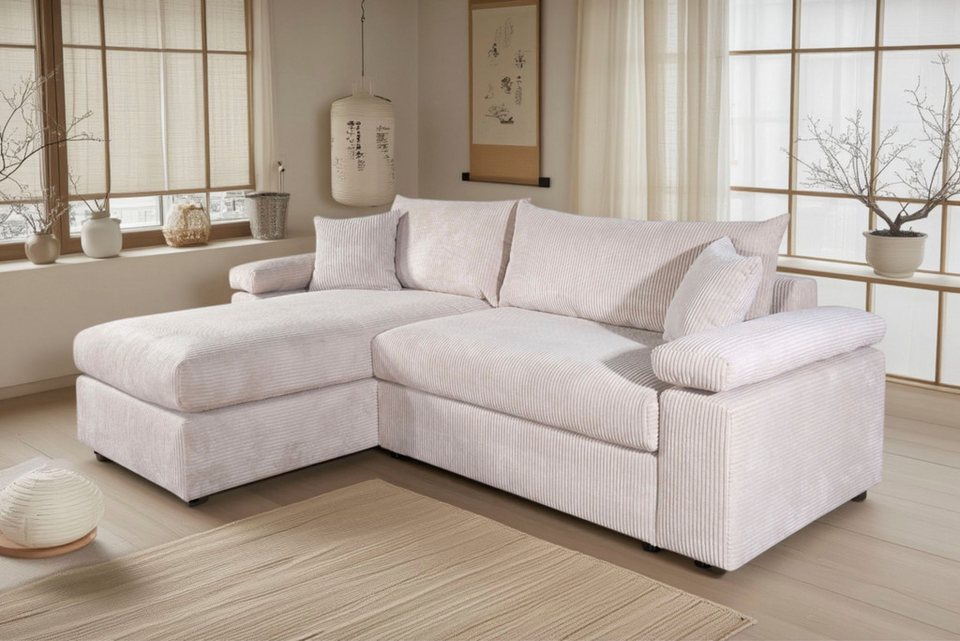Cord Ecksofa COSY in Beige mit Recamiere und Zierkissen