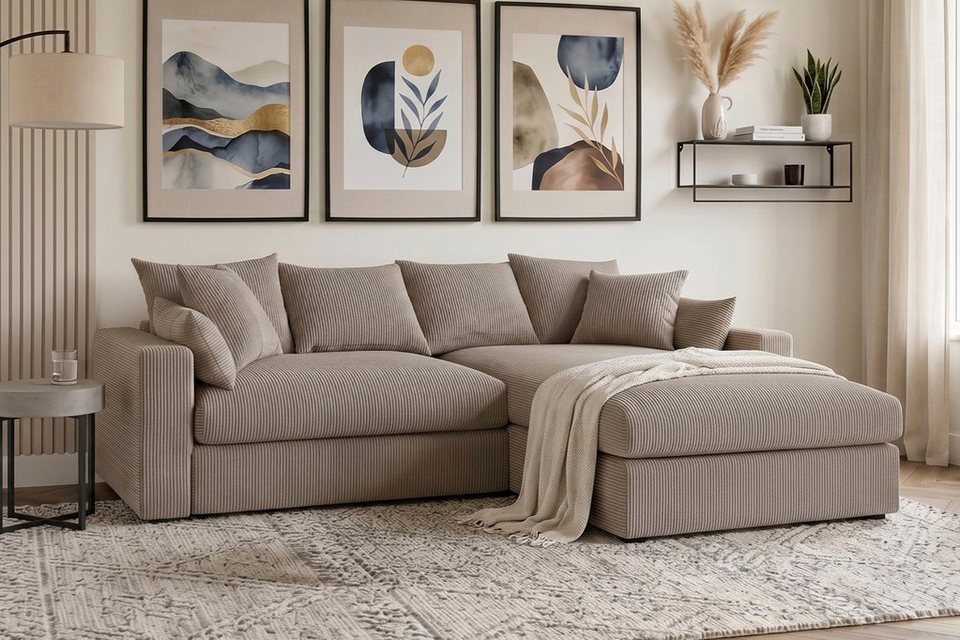 Cord Ecksofa 268 cm in Taupe mit Recamiere und Kissenset