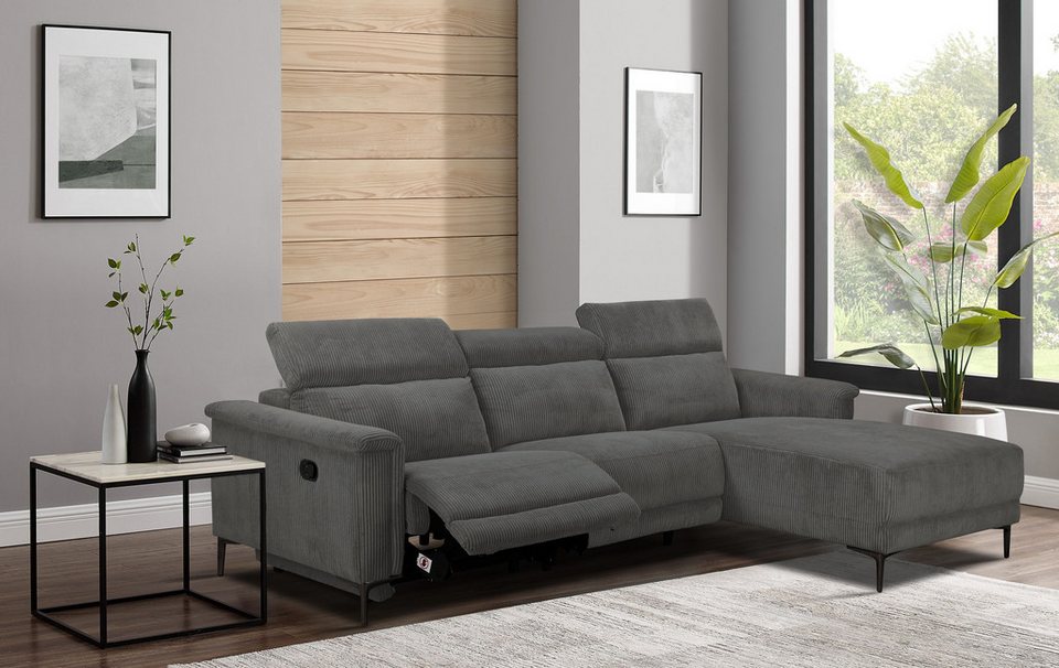 Cord Ecksofa LUND in Anthrazit mit Recamiere und Relaxfunktion