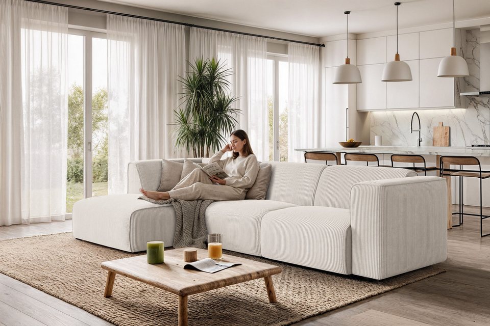 Cord Ecksofa MERID in Creme mit Ottomane links