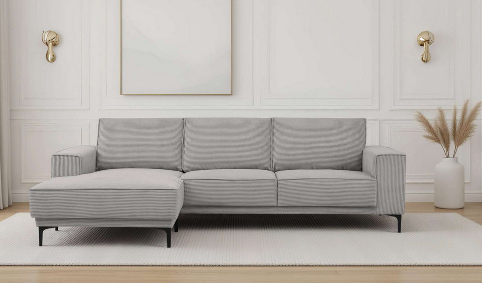 Cord Ecksofa OLAND in Hellgrau mit Recamiere links