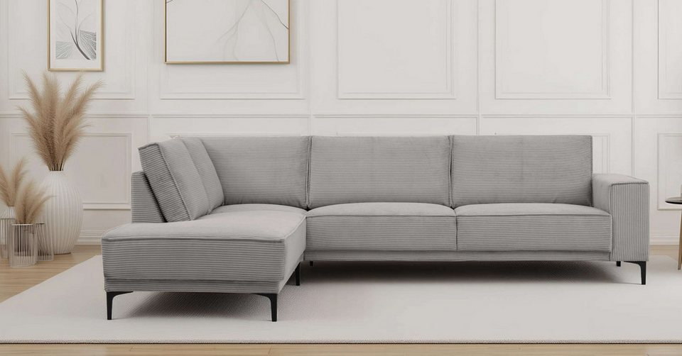 Cord Ecksofa OLAND in Hellgrau mit Ottomane links