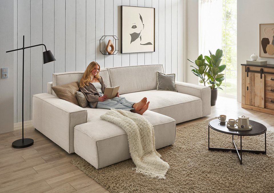 Cord Ecksofa SHERWOOD XXL 284 cm in Hellbeige mit Recamiere links