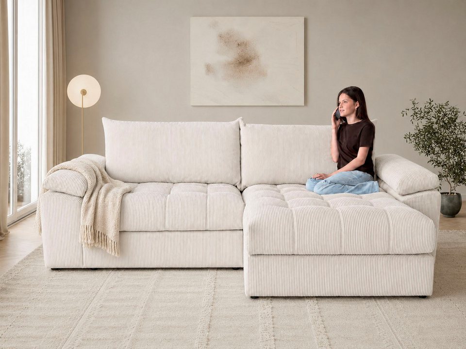 Cord Ecksofa SOFT&COSY PIK XXL in Creme mit Recamiere in L-Form