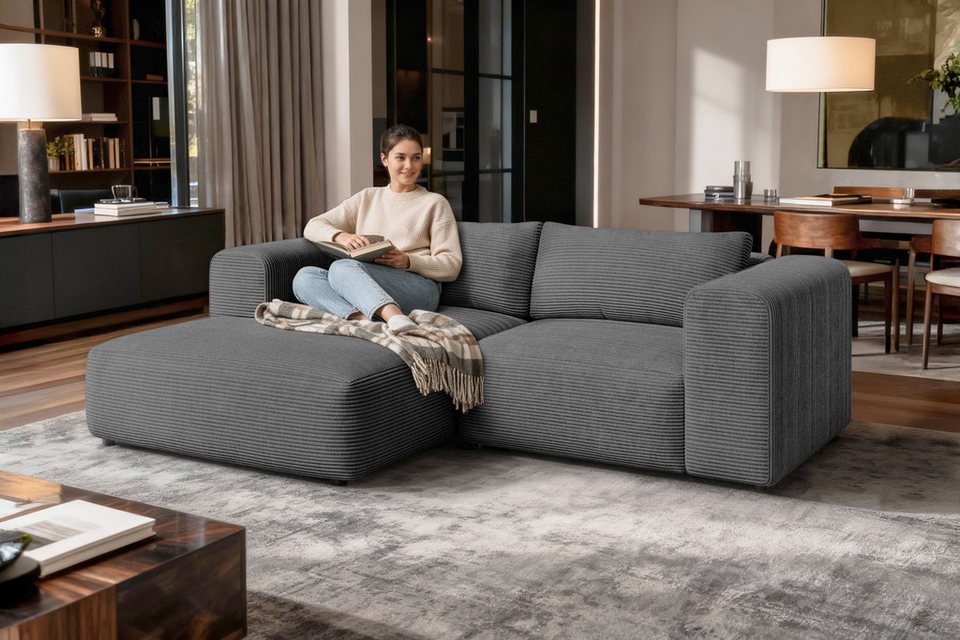 Cord Ecksofa TIARRA in Anthrazit mit Ottomane links