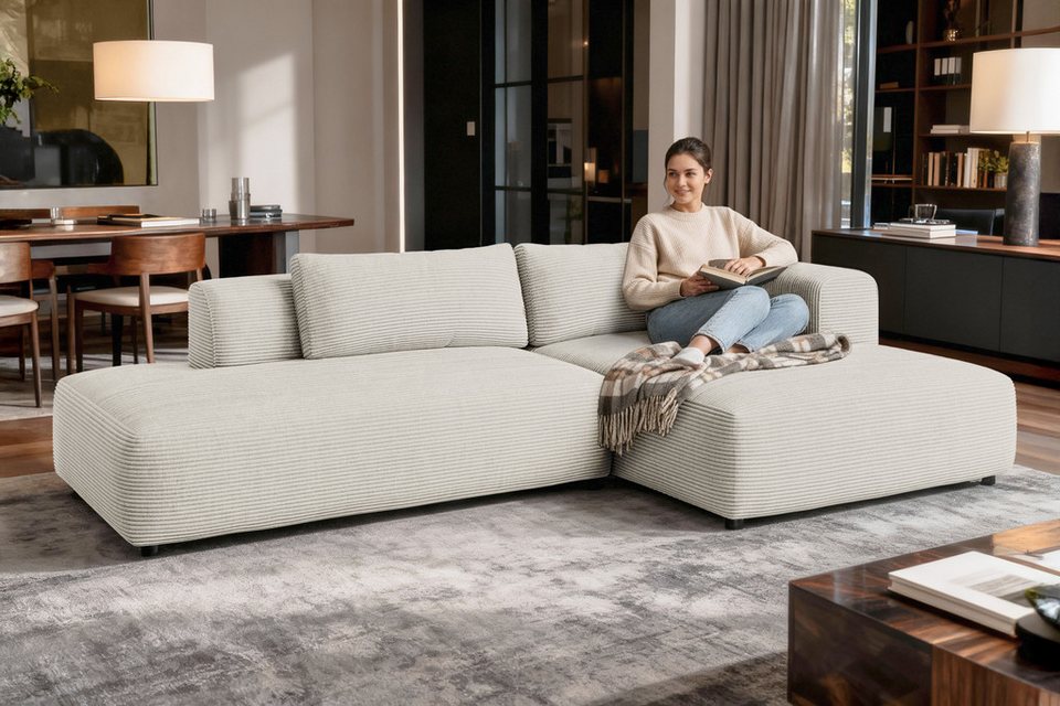 Cord Ecksofa TIARRA in Creme mit Ottomane in L-Form