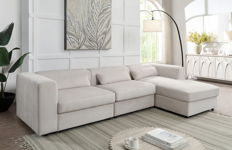 Cord Ecksofa UNO in Creme mit Longchair