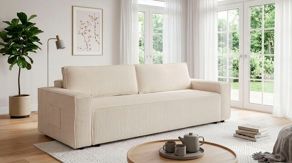 Cord Schlafsofa CASSI 240 cm in Creme mit Bettkasten