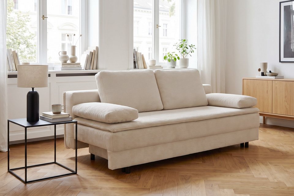 Cord Schlafsofa JANNIKO 193 cm in Creme mit Bettfunktion und Bettkasten