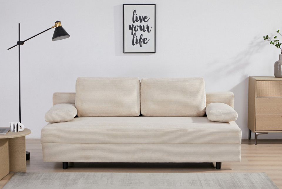 Kleines Cord Schlafsofa ONNIKO 192 cm in Creme mit Bettfunktion