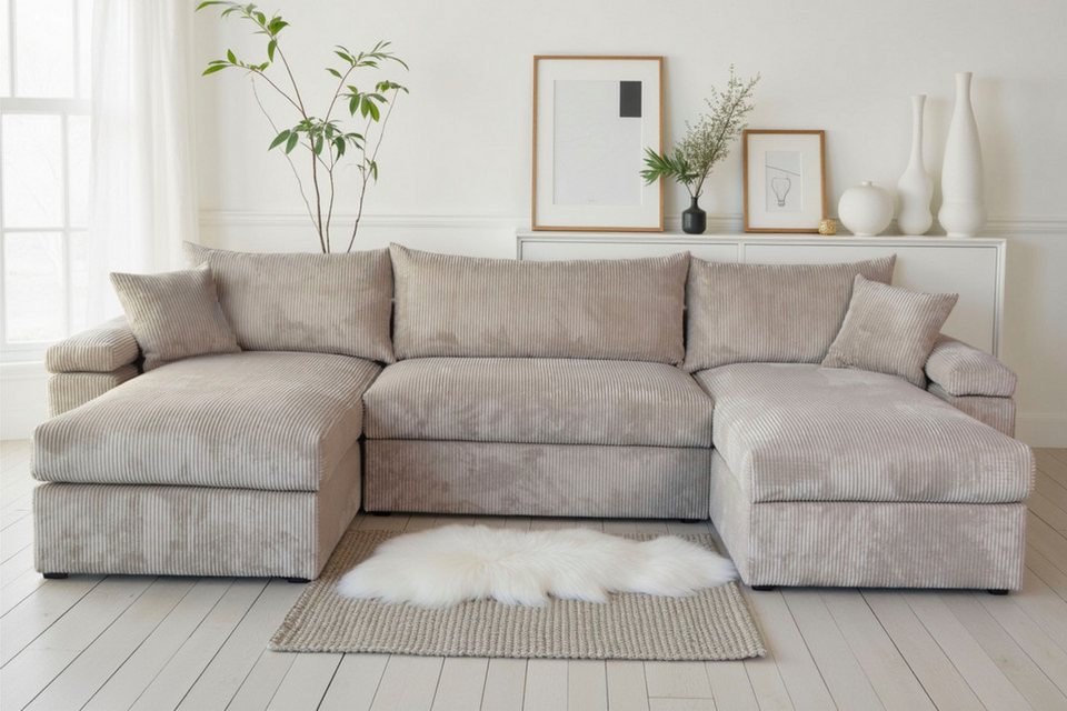 Cord Wohnlandschaft COSY U-Form 309 cm in Beige mit Federkern