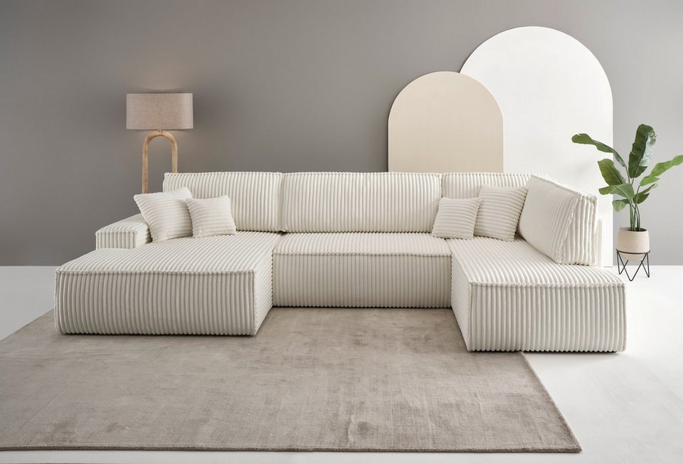 Cord Wohnlandschaft FINNLEY in Hellbeige mit Ottomane und Bettkasten