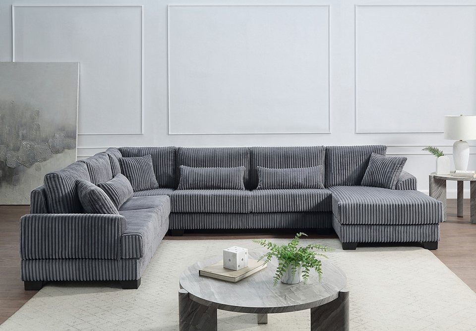Cord Wohnlandschaft 332 cm in Grau in U-Form mit Zierkissen