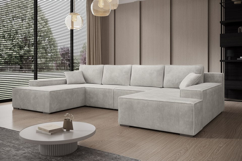 Cord Wohnlandschaft MILO in U-Form in Beige mit Schlaffunktion