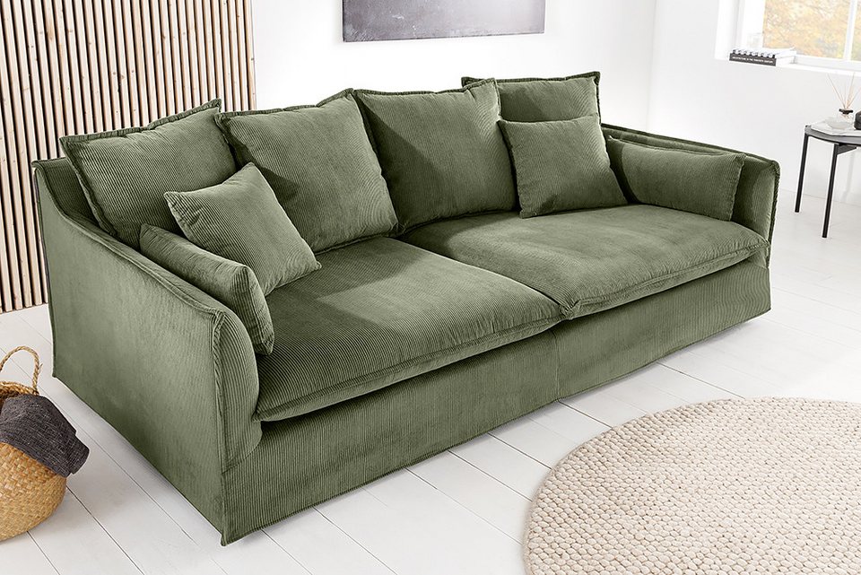 Cord Sofa HEAVEN 202 cm in Grün mit Kissen